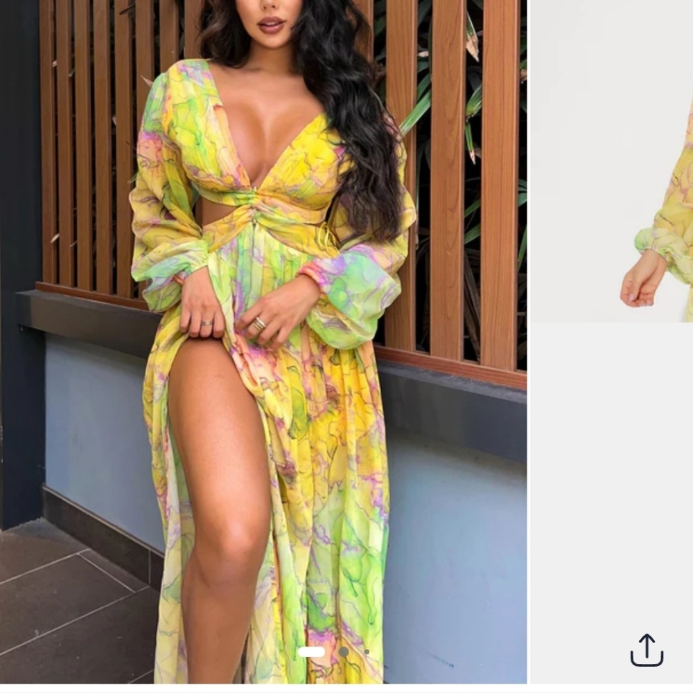 Fashion Nova Yellow and Green Floral Long Sleeve Dress